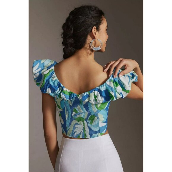Anthropologie Maeve Top M Blue Puff Sleeve Ruffle Crop Top  V-Neck  Smocked - Picture 3 of 9